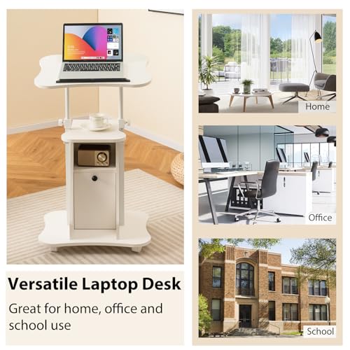 Tangkula Mobile Laptop Podium, Height Adjustable Sit to Stand Desk with Tilting Desktop & Storage Cabinet, Ergonomic Rolling Lectern Cart Laptop Desk, Office Podium Stand on Wheels - color: White, size: 21.5" x 15.5" x 45"