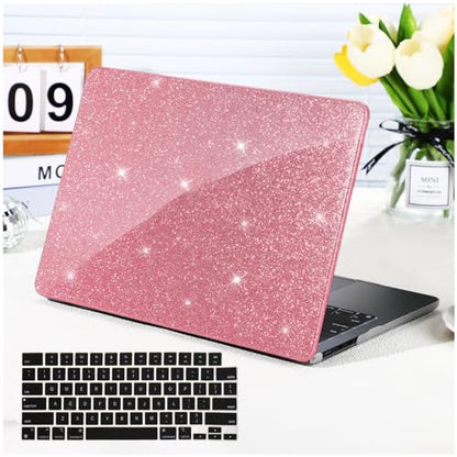 Funut Glitter Case for MacBook Air 13 Inch 2022 2021 2018 Release M1 A2337 A2179 A1932, MacBook Air 2020 Case, Women Girls Shiny Sparkle Bling PU Leather Hard Shell Cover & Keyboard Cover, Pink - color: Glitter Pink, size: Mac Air 13" 2018-2022(A1932/A217