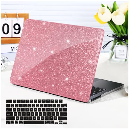 Funut Glitter Case for MacBook Air 13 Inch 2022 2021 2018 Release M1 A2337 A2179 A1932, MacBook Air 2020 Case, Women Girls Shiny Sparkle Bling PU Leather Hard Shell Cover & Keyboard Cover, Pink - color: Glitter Pink, size: Mac Air 13" 2018-2022(A1932/A217