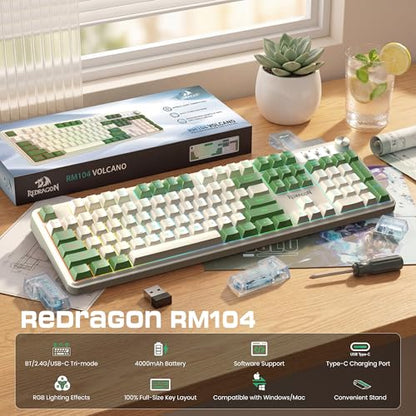 Redragon RM104 Wireless Gaming Keyboard with Knob, Tri-Mode BT/2.4G/USB-C RGB Computer Keyboards, 4000mAh Battery, Programmable Software Support, Anti-Ghosting, Compatible with PC Mac - White & Green - color: White-Green