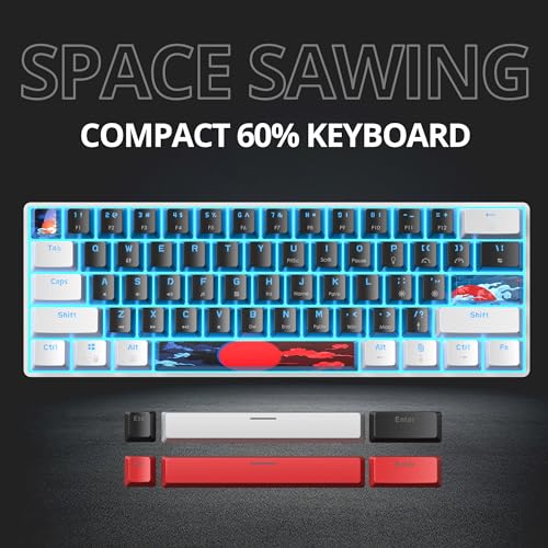Portable 60% Mechanical Gaming Keyboard, 60 Percent Red Switch LED Backlit, 61 Keys Mini Black & White USB Wired Office Keyboard for Windows Mac Laptop PC - color: 61 White & Black/Red Switch
