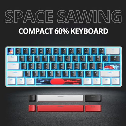Portable 60% Mechanical Gaming Keyboard, 60 Percent Red Switch LED Backlit, 61 Keys Mini Black & White USB Wired Office Keyboard for Windows Mac Laptop PC - color: 61 White & Black/Red Switch