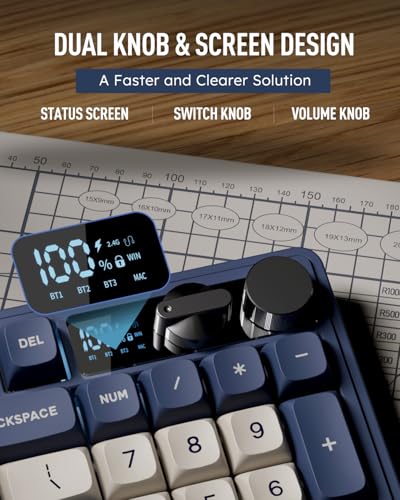RK ROYAL KLUDGE M100 Wireless Mechanical Keyboard w/Screen & Dual Knobs, Tri-Mode Gasket Mount Gaming Keyboard with Number Pad, Hot Swappable Cream Switch, Blue - color: Blue
