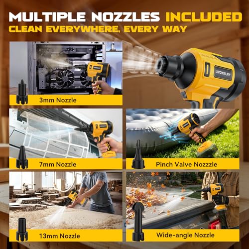 LIVOWALNY Upgraded Air Blower Compatible with Dewalt 20V Battery, 4-in-1 Compressed Air Duster, 480MPH, 120,000 RPM Brushless Motor, 4-Speed Leaf Blower for Car, Pc, Workshop (Tool Only,No Battery)