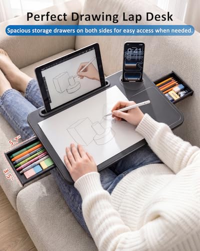 Adjustable Lap Desk with Cushion Stroage Rotatable Phone Stand | Laptop Lap Desk with 8 Angles Adjustable Mouse Pad and iPad Stand for Bed Couch Car Home Office, Fits up to 14" Laptop - size: MAX