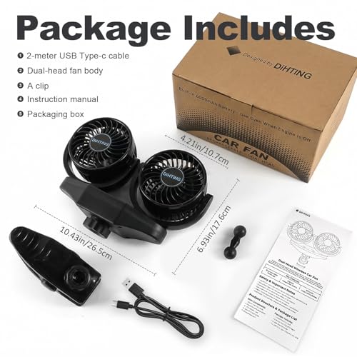 6000mAh Battery Powered Clip Car Fans, 3-Speed Dual Head Clip Car Cooling Fan for Backseat, Independent Switches, 360° Quiet Rotatable Rechargeable Fans with USB Plug for SUV Truck Golf Stroller
