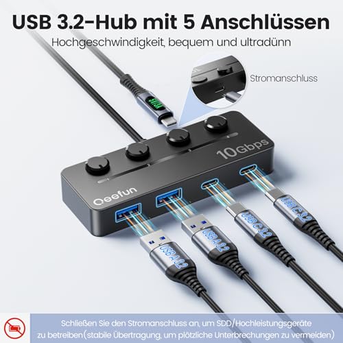Qeefun 4-Port USB 3.2 Hub with 2 USB-C and 2 USB-A Ports, Individual LED Power Switches,10Gbps Data Transfer USB Splitter with 4ft Extension Cable, Multiple USB Extender for Laptop, PC, iMac etc - style: A to 2A+2c 3.2