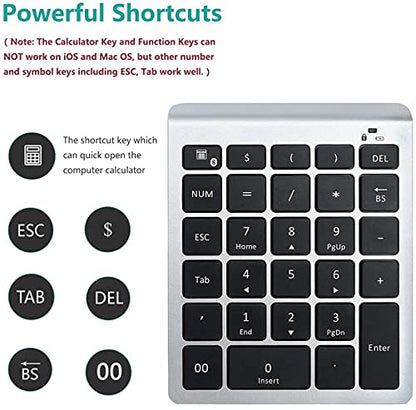 Lekvey Bluetooth Number Pad, 10 Keys Numeric Keypad Portable Wireless Bluetooth Keypad : 28-Key Numpad Extensions for Financial Accounting Data Entry for Laptop Surface Pro Tablets Windows, Silver - color: Silver