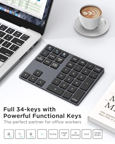 JOYEKY Wireless Number Pad Bluetooth 5.0 & 2.4G Numeric Keypad for Laptop | Number Pad for Laptop,USB-C Rechargeable,34-Keys Bluetooth Numeric Keypad,Compatible with Laptop, Mac,Tablet, PC Desktop - color: L-black
