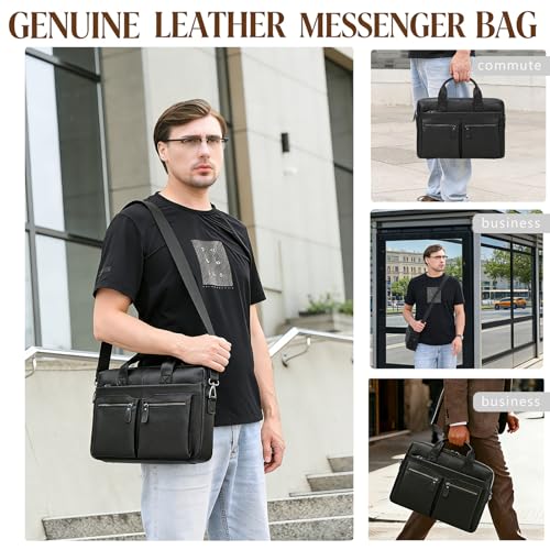 Leather Laptop Bag for Men Briefcase Fits 15.6 Inch Notebook Portable Shoulder Messenger Crossbody Bag for Travel Office - color: 18black Fit 15.6inch