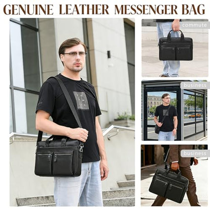 Leather Laptop Bag for Men Briefcase Fits 15.6 Inch Notebook Portable Shoulder Messenger Crossbody Bag for Travel Office - color: 18black Fit 15.6inch
