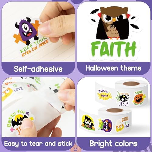 Haooryx Halloween Religious Sticker Rolls - 1000Pcs Christian Religious Stickers Pumpkin Ghost Spider Bible Verse Self Adhesive Waterproof Vinyl Water Bottle Page Activity Pad Party Favor Junk Journal - style: Religious Theme Halloween 2Roll