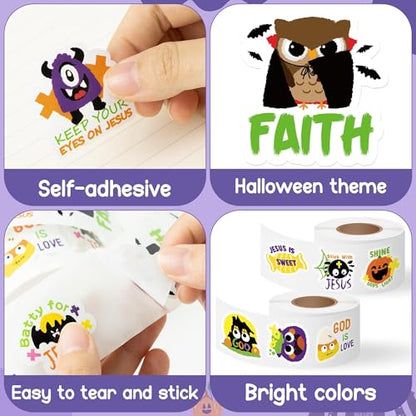 Haooryx Halloween Religious Sticker Rolls - 1000Pcs Christian Religious Stickers Pumpkin Ghost Spider Bible Verse Self Adhesive Waterproof Vinyl Water Bottle Page Activity Pad Party Favor Junk Journal - style: Religious Theme Halloween 2Roll