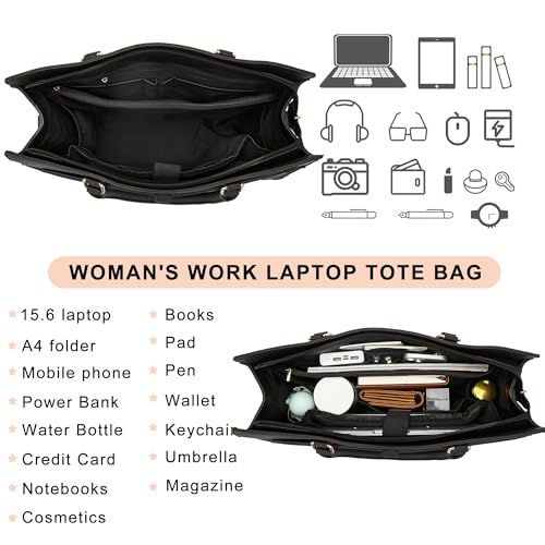YZAOLL 15.6 Inch Laptop Bag for Women Work Tote Briefcase for Teacher Purse - color: Black