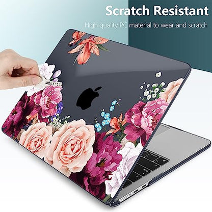 TWOLSKOO for MacBook Air 13 inch Case M5 2026 M4 2025 M3 M2 2024-2022 A3449 A3240 A3113 A2681, Plastic Hard Shell & Keyboard Cover & Screen Film for MacBook Air 13.6 inch Case, Black Peony - color: Black Peony