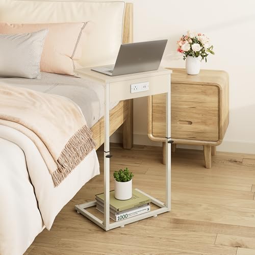 C Shaped End Table with Charging Station, Adjustable Height Side Table for Couch, Small Side Table, 33.2'' Tall Couch Tables that Slide Under, Tv Tray End Table for Living Room, Beige - color: Beige (1 Pack), style: With Plug