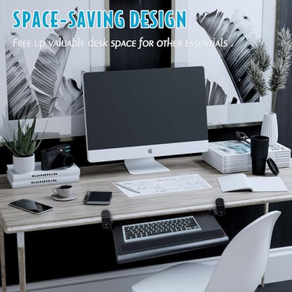 EHO Large Ergonomic C-Clamp Keyboard Tray Mount Under Desk with Wrist Rest, Slide-Out Platform 27.5" (31.8" Including Clamps) x 12.5", Pull Out Keyboard & Mouse Tray for Home or Office, Black - size: 27.5 inch, style: Keyboard and mouse tray platform with