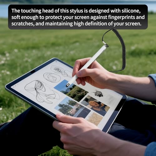 Stylus Pen with Holder and Spring Tether – 6mm Soft Tip Touch Screen Pen for Capacitive Screens, Anti-Loss Stylus with Dock for iPad Android Tablets Laptop Car GPS – No Bluetooth or Battery Needed