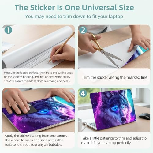 Universal Laptop Skin Decal, 3-Piece Vinyl Protector for 12 13 14 15.6" Notebook, Waterproof Anti-Scratch, Easy Trim & Bubble-Free Finish, Purpl Wolf with Blue Eyes - color: Purpl Wolf with Blue Eyes