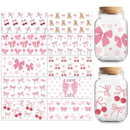 UV DTF Cup Wraps Transfer Stickers Bows Pattern, 10 Sheets Waterproof Custom Vinyl Transfer Sticker 16oz Coffee Glass Cup Tumbler Bottle Mug Decals for Men Women | Waterproof UV DTF Stickers, Custom Vinyl Decals for 16oz Coffee Cups Tumblers Bottles Mugs,