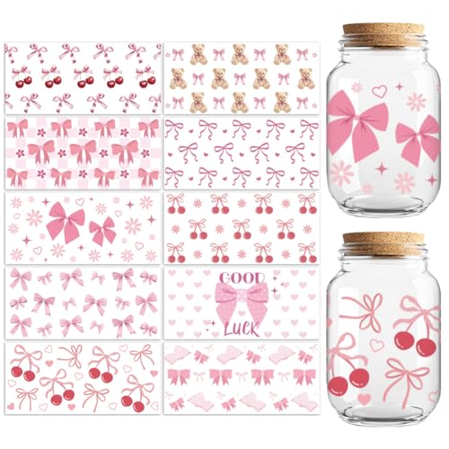 Peacoblue UV DTF Cup Wraps Transfer Stickers Bows Pattern, 10 Sheets Waterproof Custom Vinyl Transfer Sticker 16oz Coffee Glass Cup Tumbler Bottle Mug Decals for Men Women - style: Bows