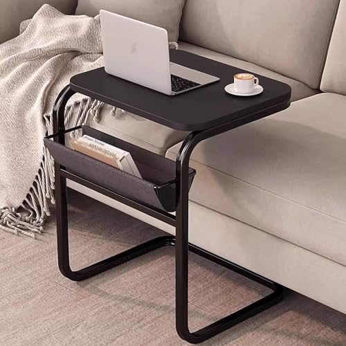 Overbed Table with Storage Metal Bedside Table, Multi Purpose Side Table, C Shaped Office Bedside Table, Fabric Pocket Storage, for Bedside, Sofa Side(Black) - color: Black