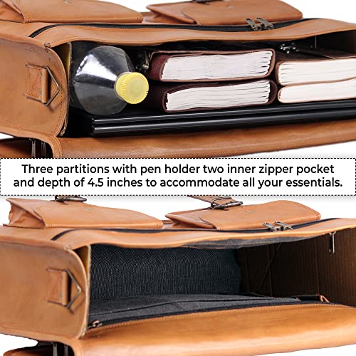 Leather Messenger Bag for Men and Women 18 Inch | Best Laptop Briefcase Satchel Computer Bag with Adjustable Strap - color: Tan