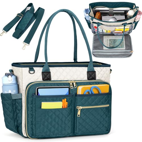 RAINSMORE Teacher Tote Bag 15.6 inch Laptop Bag for Women Work Bags Laptop Tote Nurse Bag Professional Computer Messenger with Insulated Pocket, Laptop Briefcase for Office, College,Green-white - color: Green-white, size: 15.6 inch