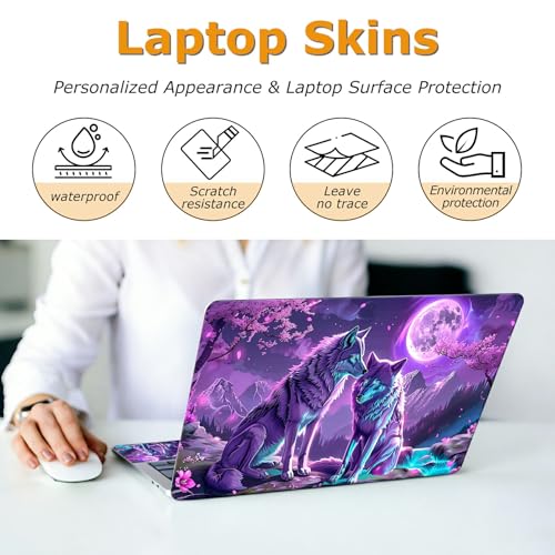 Universal Laptop Skin Sticker with 2 Wrist Pad Decals, 3-Piece Removable Vinyl Laptop Cover, Purple Moon Wolf Waterproof Anti-Scratch, Easy-Trim Fit for 13.3" 14" 15.6" Laptops - color: Purple Moon Wolf