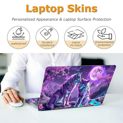 Universal Laptop Skin Sticker with 2 Wrist Pad Decals, 3-Piece Removable Vinyl Laptop Cover, Purple Moon Wolf Waterproof Anti-Scratch, Easy-Trim Fit for 13.3" 14" 15.6" Laptops - color: Purple Moon Wolf