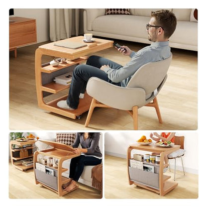 AQIMUELE Rolling Side Table, C Shaped End Table, C Table with 4 Wheels Solid Wood Small Rolling Desk with Adjustable Desktop,C Shaped End Table for Couch,Home Office(15.6" D x 23.6" W x 24.3" H) - color: Natural, size: 15.6"D x 23.6"W x 24.8"H, style: Mod