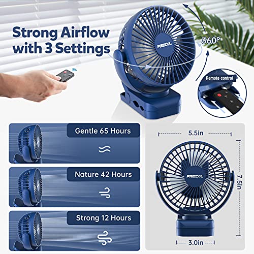 Clip on Fan, 65H Working Time Rechargeable Fan with LED Lights/Remote/Hooks | 12000mAh Battery Powered Fan with Strong Clamp, Small Desk Fan Mini Fans for Tents Travel Outdoor Camping Golf Cart Stroller - color: Dark Blue