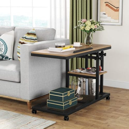 Tribesigns Height Adjustable C Table with Wheels, Mobile Couch Snack Side Table with Tiltable Drawing Board, Sofa Bedside Laptop Stand C Shaped TV Tray with Storage Shelves (Black+Oak) - color: Black+oak