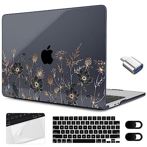 MEEgoodo Case for M5/M4/M3/M2 MacBook Air 15 inch Case 2026 2025 2024 2023, Laptop Shell Fit Model (A3448/A3241/A3114/A2941) for MacBook Air 15.3-inch, Golden Flowers & Herbs - color: Golden Flowers & Herbs
