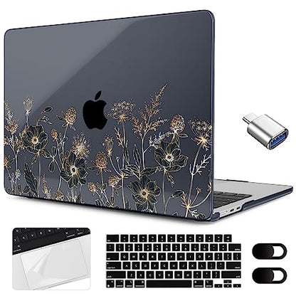 MEEgoodo Case for M5/M4/M3/M2 MacBook Air 15 inch Case 2026 2025 2024 2023, Laptop Shell Fit Model (A3448/A3241/A3114/A2941) for MacBook Air 15.3-inch, Golden Flowers & Herbs - color: Golden Flowers & Herbs