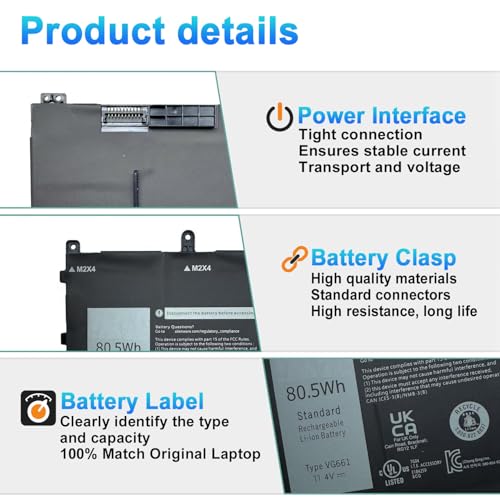 80.5Wh VG661 Laptop Battery Replacement for Dell Alienware X14 R1 R2 Series 0GD3C9 GD3C9 0V4N84 V4N84 1CP5/46/95-2 11.4V 6709mAh - size: 5.67*2.56*0.55inch VG661