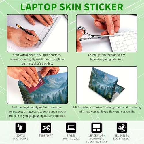 Laptop Skin Sticker Decal, Universal Protective Cover Fit 12 13 14 15.6 Inch Notebook, Reusable Water-Resistant Vinyl Decal w/ 2 Wrist Pads for Business Travel Office, Green Forest Mountains - color: Green Forest Mountains