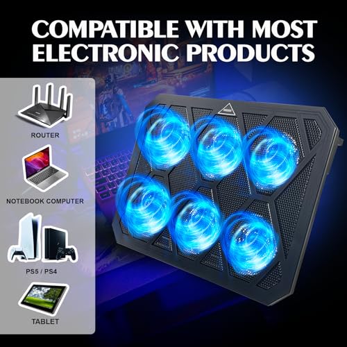 NAGAN Laptop Cooling Pad with 6 Fans, Ergonomic USB Powered Cooling Pad for Laptop with Dual USB 2.0 Ports, Height-Adjustable, Metal Mesh Gaming Notebook Cooler, Fits 15-17.3 inch Laptops