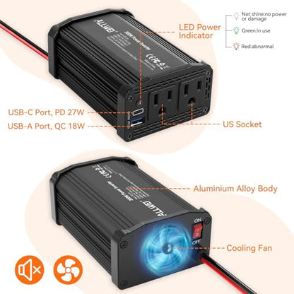 ALLWEI 300W Car Power Inverter 12V DC to 110V AC Car Inverter-Black | with 27W PD USB-C&18W USB-A Fast Charging, Car Charger Cigarette Adapter for Phone, Laptop and Small Devices on Road Trip