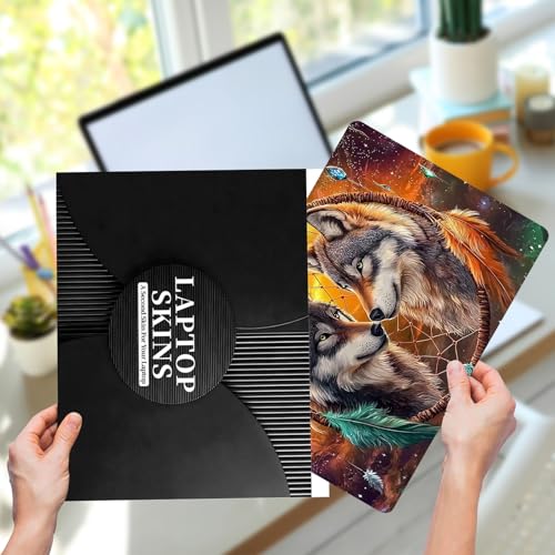 Laptop Skin Sticker for 12.1”-15.6“ Laptops (Fits 13”, 13.3”, 14”, 15”, 15.4”) | Protective Universal Reusable Vinyl Art Decal Cover | Waterproof & Scratch-Resistant-2 Wolves in Dream cathcer - color: 2 wolves in dream cathcer