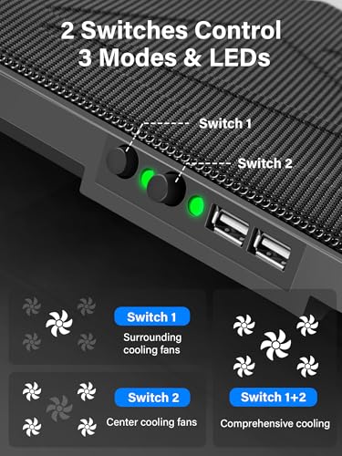Kootek Laptop Cooling Pad Cooler Stand with 5 Quiet Fans for 12"-17" Laptop | 5 Fans, USB Powered, Laptop Cooling Stand with 2 USB Hub, 6 Adjustable Height, 360° Cooling Coverage, Anti-Slip, Green LED - color: Green