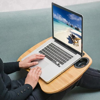 Lap Desk for Laptop with Cushion, Cup Holder-Fits up to 18 inch | Bamboo Computer Laptop Stand with Phone Hoder, Anti-Slip Stopper - size: 21.6"x13.8" with Cup Holder