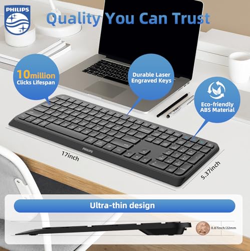 PHILIPS Full-Size Slim Wireless Bluetooth Keyboard, 108-Key with Number Pad, 3-Device Switching, 2.4GHz + Bluetooth, Quiet Low-Profile Keyboard for Windows, Mac, iPad and Android, Laptop, PC
