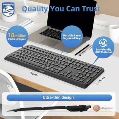 PHILIPS Full-Size Slim Wireless Bluetooth Keyboard, 108-Key with Number Pad, 3-Device Switching, 2.4GHz + Bluetooth, Quiet Low-Profile Keyboard for Windows, Mac, iPad and Android, Laptop, PC