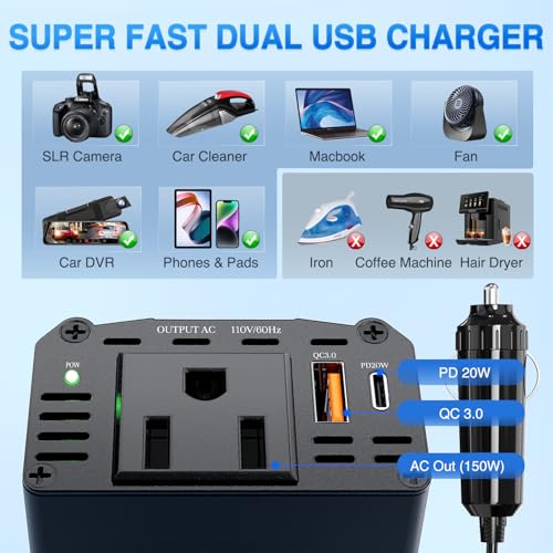 Nilight 150W Power Inverter with PD 30W USB C & QC3.0 12V DC to 110V AC | Car Converter for Phones Tablets Laptop Computer Game Console Kindle iPad DVD Players Black - color: 150W USB+PD 110V Outlet