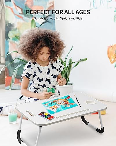 FISYOD Foldable Laptop Table, Portable Lap Desk Bed Table Tray, Laptop Stand with Cup Holder & Tablet Slot & Lifting Handle for Working Writing Drawing & Eating (White) - color: White