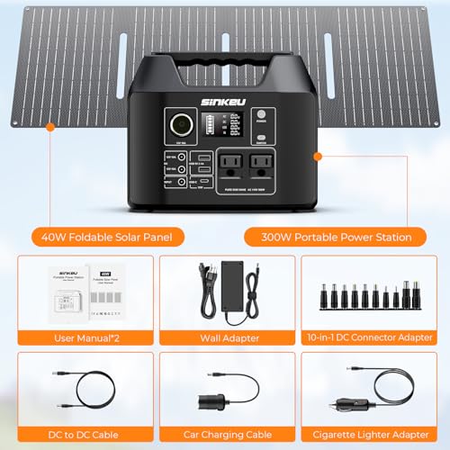 SinKeu 300W/256Wh Portable Power Station with 40W Solar Panel | (80000mAh) Solar Generator with Panels Included, LiFePO4 Battery with USB DC AC Outlets for Home, RV, Hurricane, Camping - color: Sliver