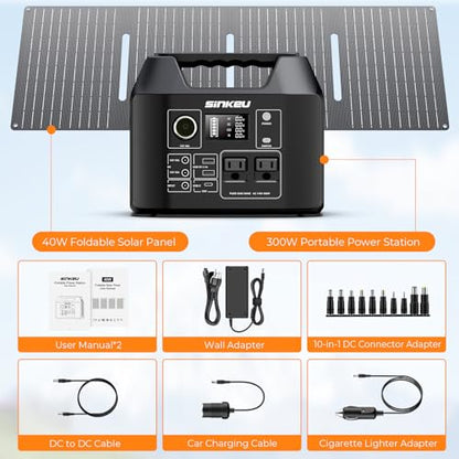 SinKeu 300W/256Wh Portable Power Station with 40W Solar Panel | (80000mAh) Solar Generator with Panels Included, LiFePO4 Battery with USB DC AC Outlets for Home, RV, Hurricane, Camping - color: Sliver