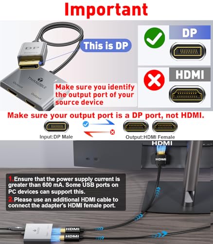 DisplayPort to Dual HDMI Adapter (4K@60Hz) DP to HDMI Splitter for Dual Monitors Extended Display MST Display Port 1 in 2 Out Hub for PC, Graphics Card