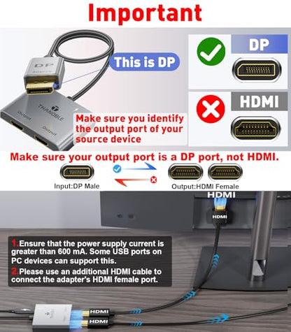 DisplayPort to Dual HDMI Adapter (4K@60Hz) DP to HDMI Splitter for Dual Monitors Extended Display MST Display Port 1 in 2 Out Hub for PC, Graphics Card